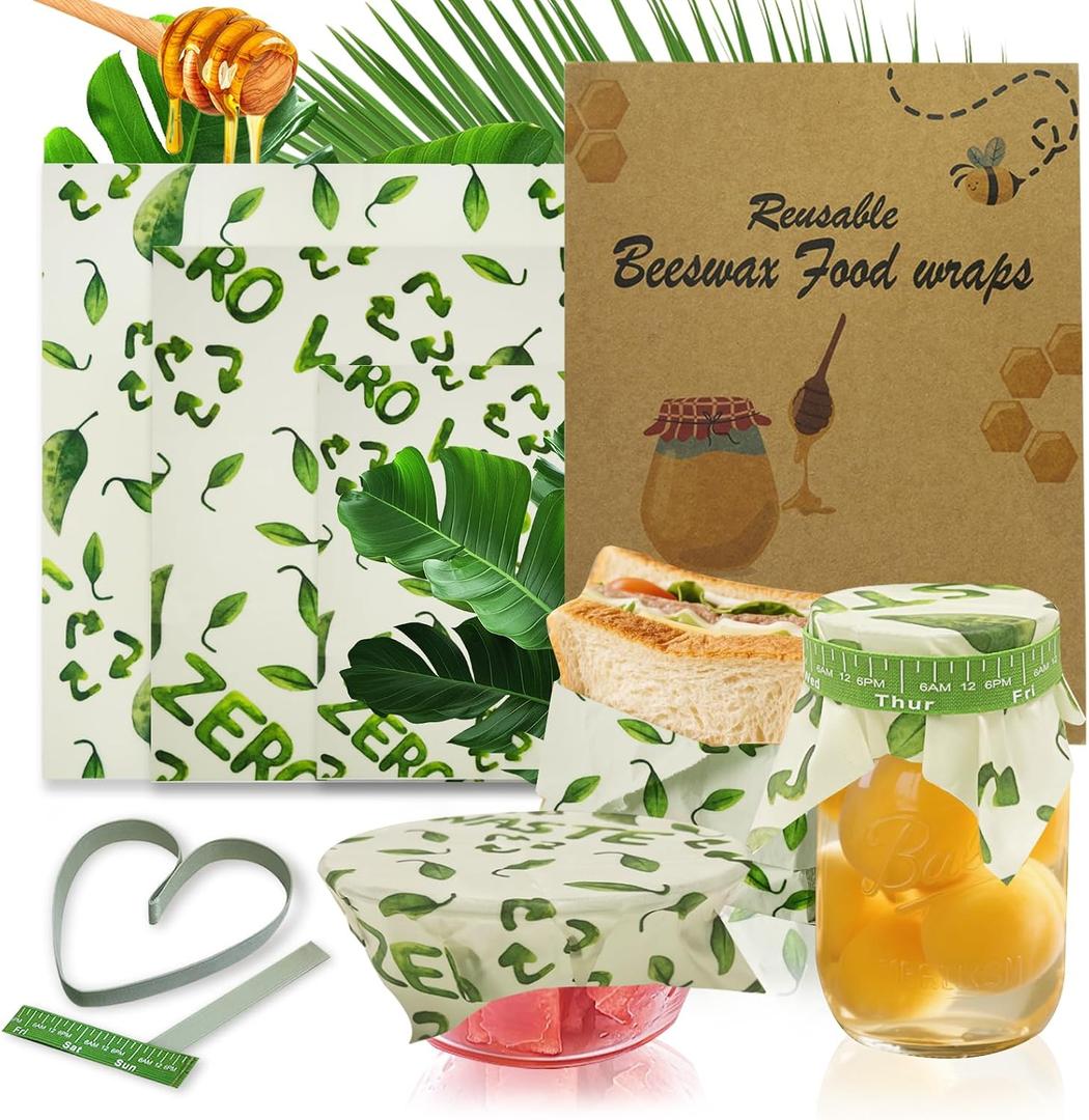 Reusable Beeswax Bowl Covers with Elastic Bands, 3 Sizes Washable Food Wraps for Bread Proofing, Lunch Packing, Cheese, Fruit, Vegetables and Leftovers, 14 x 13 in, 11 x 10 in and 8 x 7 in