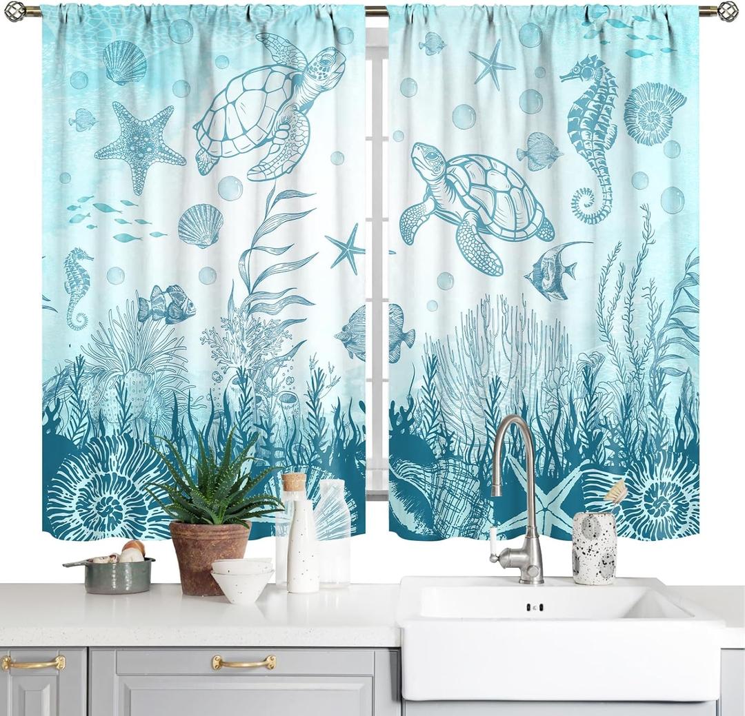 Beach Kitchen Curtains - Ocean Sea Turtle Starfish Bathroom Window Curtains Summer Coastal Small Short Cafe Drapes Fabric 2 Panels (28x39 Inch) Blue Sea Treatment