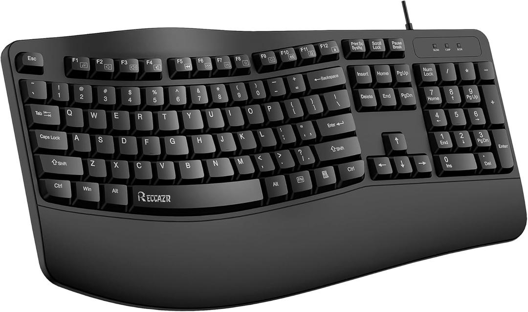 RECCAZR Ergonomic Keyboard, Wired Computer USB Keyboard with Wrist Rest, Spill-Resistant, Wave Keys for Natural Typing, Compatible with Windows/PC/Laptop(Black)