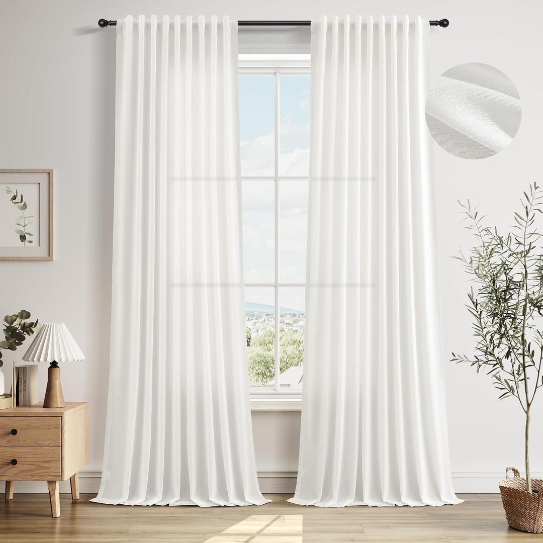 Nanspring Extra Long Linen Curtains 102 Inches for Living Room Back Tab Semi Sheer Floor to Ceiling Light Filtering Curtain Boho Farmhouse Decor Window Drapes for Bedroom 2 Panels Ivory