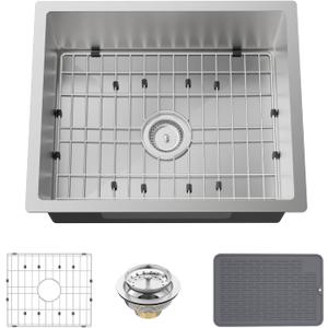 Stainless Steel Undermount Single Bowl Sink - 22x18 Inch Modern Bar & Kitchen Combo - SS Grid, Silicon Mat, Drain Strainer Set