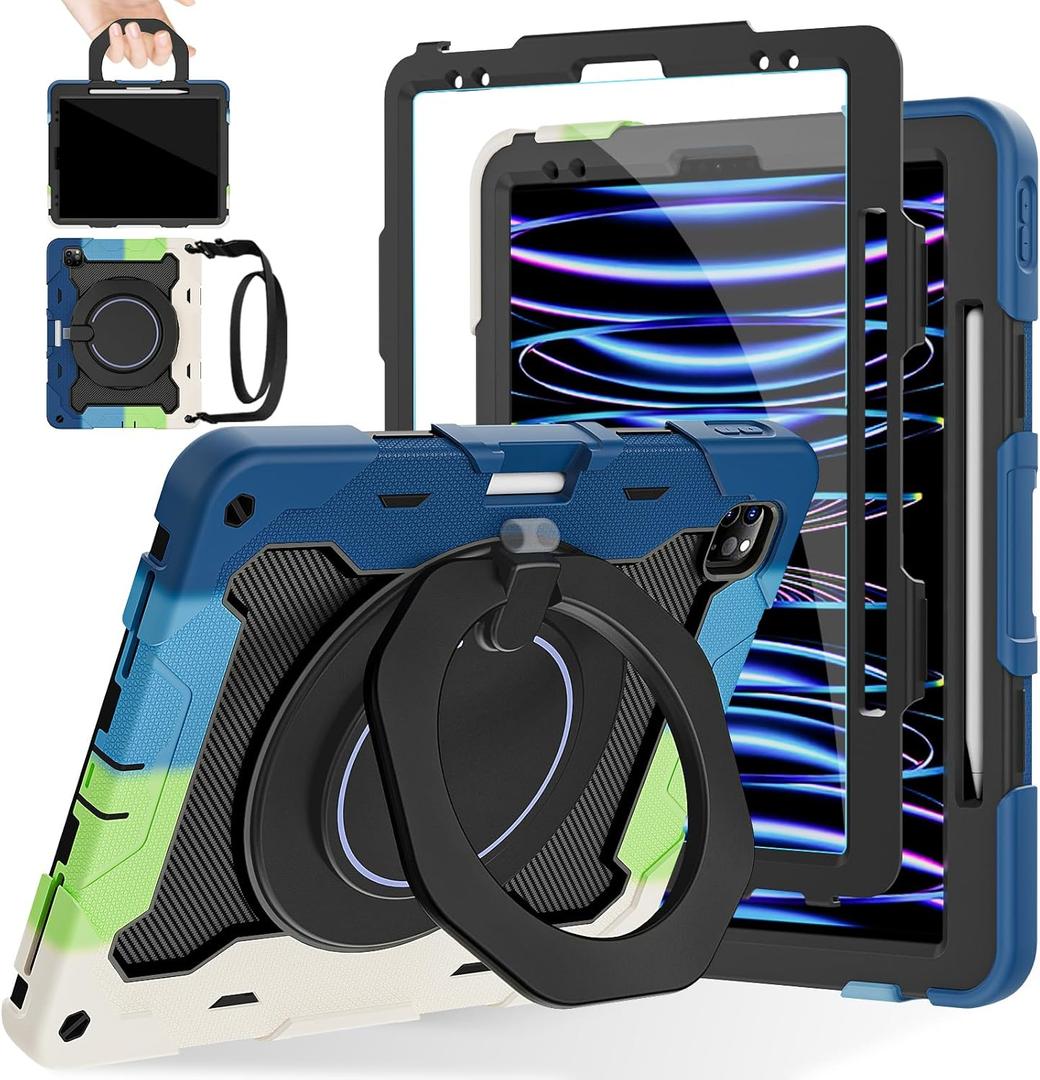 ROISKIN for iPad Pro 12.9 -Inch Case (6th, 5th, 4th & 3rd Gen)with HD Screen Protector, 360 Stand, Handle, Pencil Holder,Shoulder Strap[15ft Drop Protection]Rugged Bulky Full Body 12.9 iPad Pro Case (Ring Stand-Blue/Black)