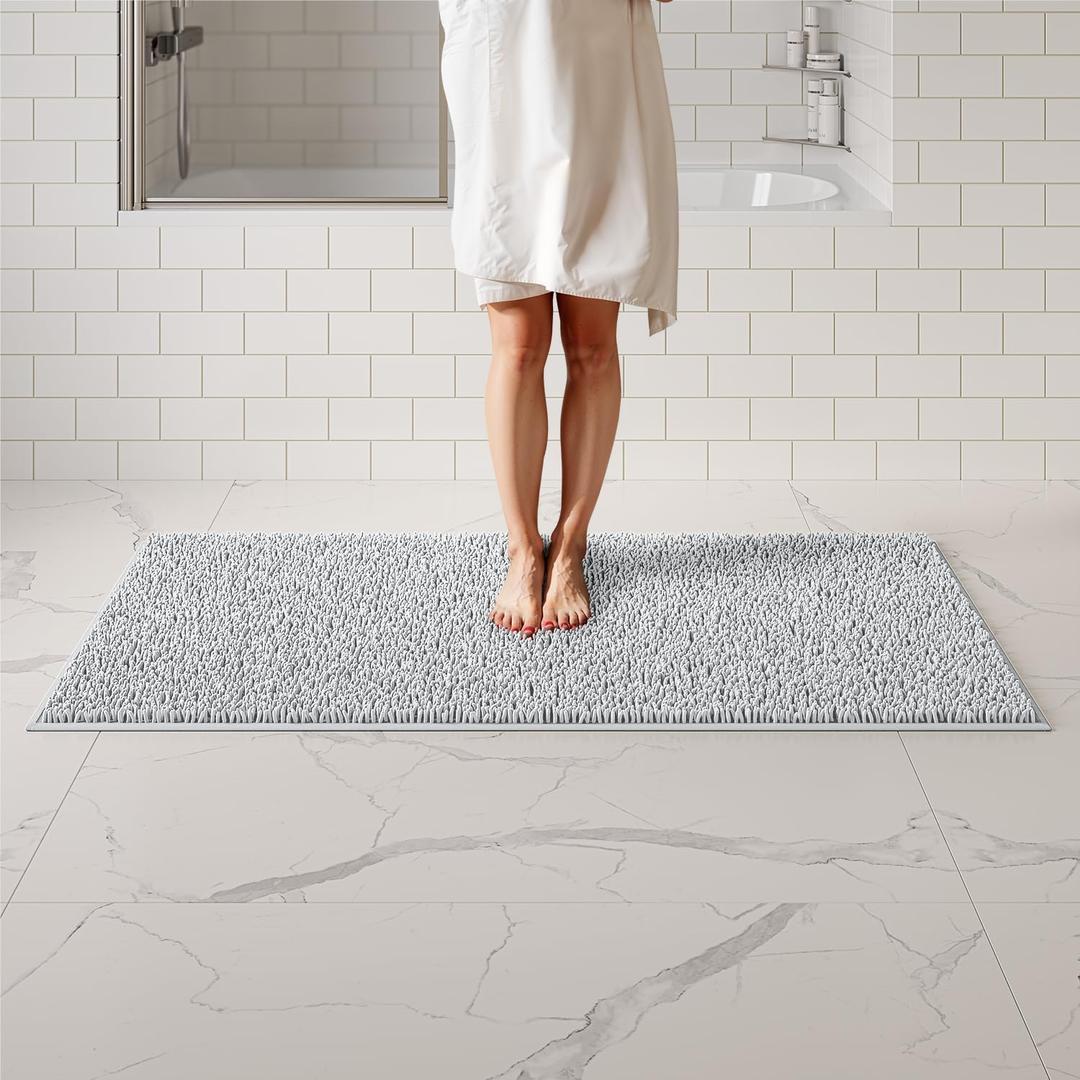 ITSOFT Plush Bathroom Rug 61x31, Absorbent Machine Washable Non Slip Chenille Bath Mats, Quick Dry Bathmat, Bath Rugs for Bath, Shower, Bedroom, or Door Mat, Grey