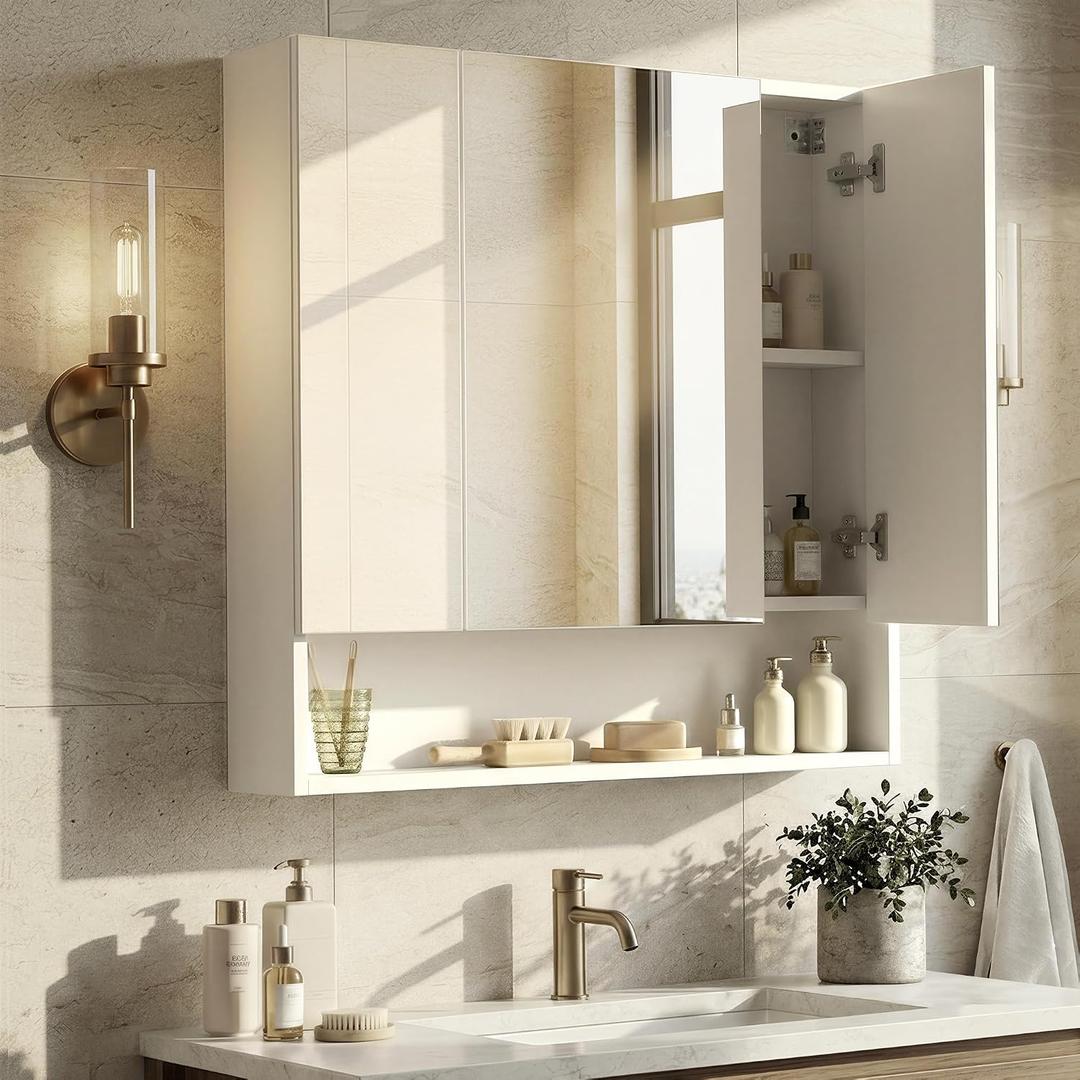 VASAGLE KAILYN Collection - Medicine Cabinet Mirror, Bathroom Wall Mirror Cabinet with Storage, Open Compartment, Adjustable Shelves, 6.5 x 27.6 x 29.5 Inches, Cloud White UBBK129W01
