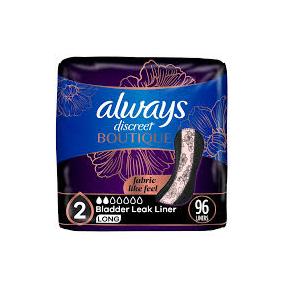 Always Discreet Boutique Incontinence Panty Liners for Bladder Leaks, Size 2, Very Light Absorbency, Long Length, 96 Count (3 Packs of 32)