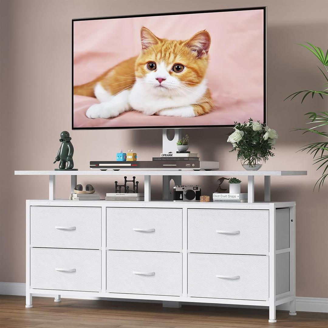 White TV Stand with Mount for 32/45/55/60/65/75 inch TVs, Entertainment Center with 6 Fabric Drawers & Open Shelf, TV Media Console for Living Room, Bedroom