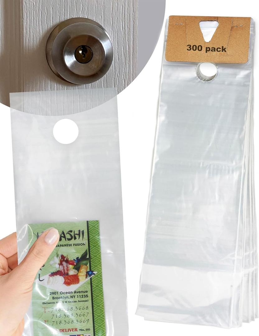 TidyFriend Plastic Door Hanger Bags 6 x 19 (300 Pack), Clear Door Hanger Bags Protect Flyers, Brochures and Printed Materials, Waterproof and Secure for Outdoor Use