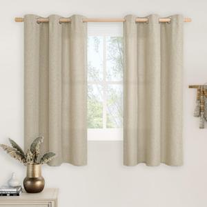 LAMIT Camel Linen Curtains 48 inches Long for Kitchen, Grommet Thick Linen Textured Light Filtering Drapes Privacy Thick Window Treatments for Small Windows/Basement/Farmhouse, 2 Panels, 42 x 48 Inch