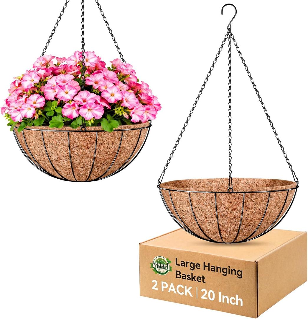 Halatool 20 Inch Large Hanging Planters for Outdoor Plants, 2 Pack Metal Outdoor Hanging Baskets with Coco Liner, Round Hanging Flower Pot for Plants Flowers Garden Decorations