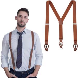 UPSONG Mens SuspendersBrown Leather Button Tab and Clip Braces Heavy Duty Suspender Wedding Suspenders for Groom Groomsmen