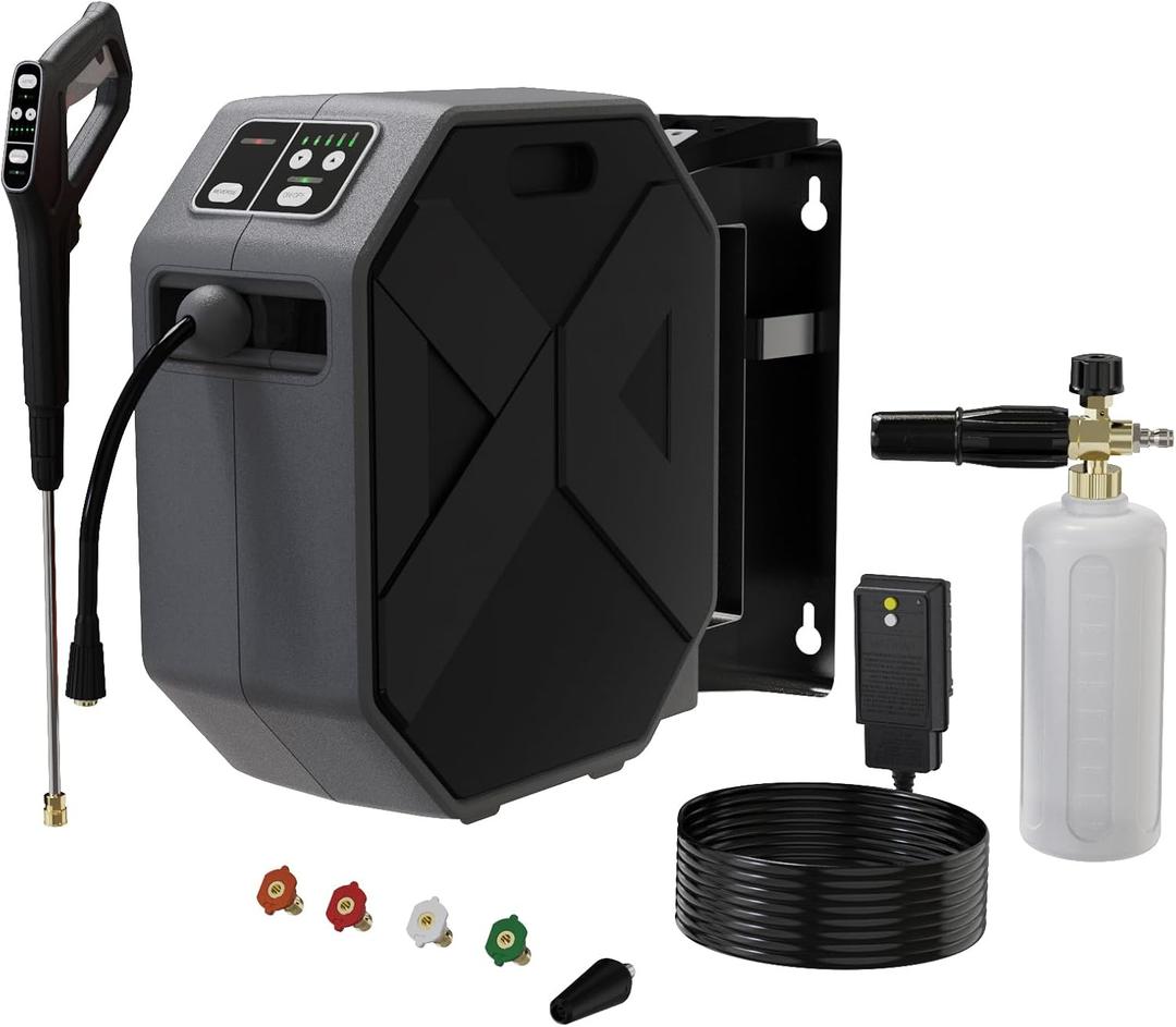 Electric Wall Mounted Power Washer -5000PSI 3.4GPM Adjustable Pressure Washer, Power Washer with GFCI Power Cord 100FT Retractable Hose and 1L Foam Canno for Cars, Driveways, Patios (Taupe)