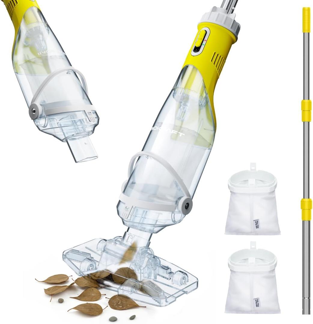 InoKraft Cordless Pool Vacuum Cleaner, Rechargeable, Handheld Pool Vacuum for Above Ground and Inground Pools, Transparent Head, 59 Extendable Pole, for Leaves, Debris, Shallow Steps, Yellow