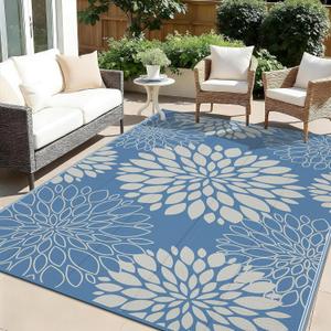 Ileading Waterproof Outdoor Rug 6x9, Reversible Plastic Straw Patio Rug, Portable Indoor Outdoor RV Camping Mat Carpet for Deck, Porch, Balcony, Backyard, Picnic, Floral Dusty Blue