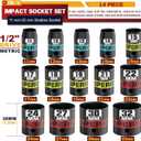 14 Piece 1/2" Drive Impact Socket Set, 11 mm-32 mm Shallow Socket, Metric, 6 Point, CR-V, Automotive Maintenance, Machinery Manufacturing