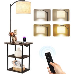 PESRAE Floor Lamp with Remote, Adjustable 3000K-6000K Colors & Brightness Bulb, End Table with Charging Station(USB & Type-C & AC Port), Modern Shelves Side Table for Bedroom, Living Room, Office