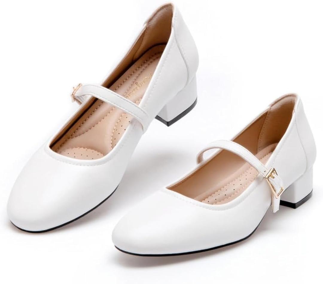 Mary Jane Shoes Women Low Heels Dress Shoes Pumps Low Heel 2 Inch Chunky Heel Mary Janes Pumps with Adjustable Ankle Strap for Women Dressy Casual (White, 6)