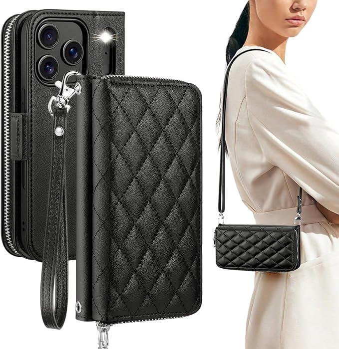 OCASE for iPhone 17 Pro Max Crossbody Wallet Case - Stylish PU Leather Handbag Phone Purse with Zipper Closure, Card Slots & RFID Blocking - Wrist Strap, Lanyard, Kickstand - Diamond Check Black