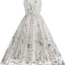 Women Keyhole Floral Embroidery Dress Sheer Mesh Illusion Vintage Cocktail Swing Dress Wedding Party Prom Tulle Evening Dress (Small, White-cami)