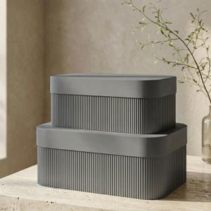 Decorative Storage Boxes with Lids Set of 2 Beautiful Fluted Cardboard Organizer Bins for Your Home Bookshelf Decor to Safely Store Your Documents, Set of 2 For Versatile Use: Two differently sized boxes (large: 11.7x7.3x4.3", small: 10.3x6.5x3.8") 