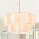 Modern Gold Chandelier 5-Light Round Chandeliers for Dining Room Vintage Modern Chandelier Light with Linen Shade 2-Tier Elegant Pendant Light for Kitchen Island Bedroom Living Room Foyer, UL Listed, Meduim-24.7''
