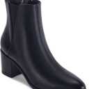 Coutgo Womens Pointed Toe Ankle Boots Chunky Block Stacked Heel Side Zipper Chelsea Fall Booties (8, Black(leather))