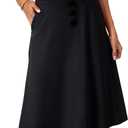 LYANER Women's High Waist A Line Button Front Flared Midi Skirts with Pocket Black Medium (M)