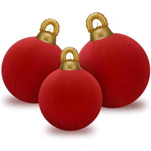 Jenaai 3 Pcs Giant Velvet Christmas Inflatable Ball Ornament Large PVC Christmas Inflatable Balls 3 Size 24" 20" 18" Xmas Hanging Ornaments Outdoor Decor for Lawn Porch Yard(Red)