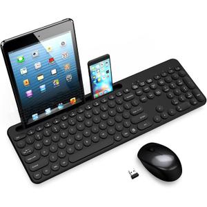 LeadsaiL Wireless Keyboard and Mouse, Full-Sized Ergonomic Computer Keyboard with Phone Tablet Holder, 2.4GHz Silent Cordless Keyboard Mouse Set for Windows Laptop, PC, Desktop - Black