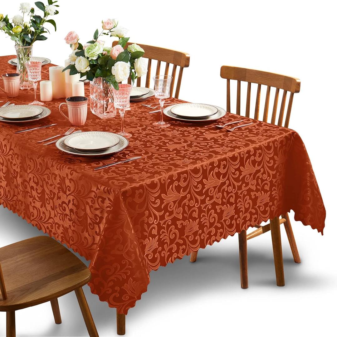 SiinvdaBZX Damask Rectangle Tablecloth, Luxury Jacquard Design Rust/Burnt Orange Table Cloth 60" x 102", Wrinkle Free Satin Polyester Table Cover for Dinner Party Banquet Holiday
