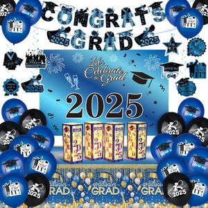 Graduation Decorations Party Supplies, Grad Party Supplies Class of 2025 Congrats Grad Party Decorations Graduation Party Decoration with Grad Balloons Hanging Swirls Backdrop Tablecloth, Blue