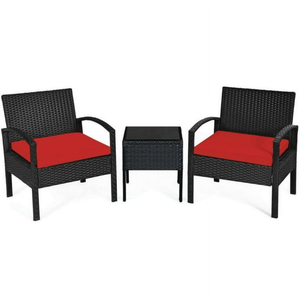 3 -Piece Rattan Patio Conversation Set with Red Cushions