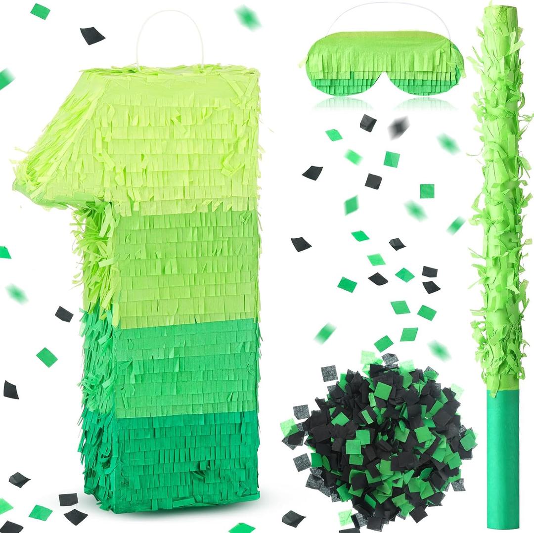 WinnerWhy Number Piata Decorations 16 Inch Gradient Green Piata with Blindfold Stick and Confetti for Birthday Baby Shower Safari Jungle Themed Party Supplies Centerpiece(Number 1)