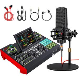 Podcast Equipment Bundle,with 3.5mm Condenser Microphone & Live Sound Card - Audio Mixer for Streaming, PC/Mobile Live Singing, Gaming Content Creators, Soundboard with USB Computer Interface