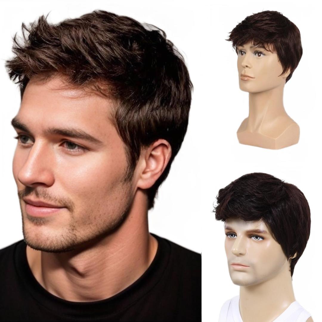 Men Short Brown Wig Handsome Male Daily Costume Synthetic Full Wigs Natural Brown Hair Replacement Wig (Fit 21inch-22.5inch Head Circumference)