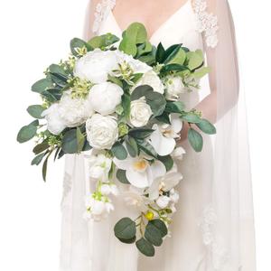 Ling's moment White Bridal Bouquet Cascading, White Wedding Bouquets for Bride, 13 Inch Ivory Bride Bouquets for Wedding Artificial Flowers Bouquets
