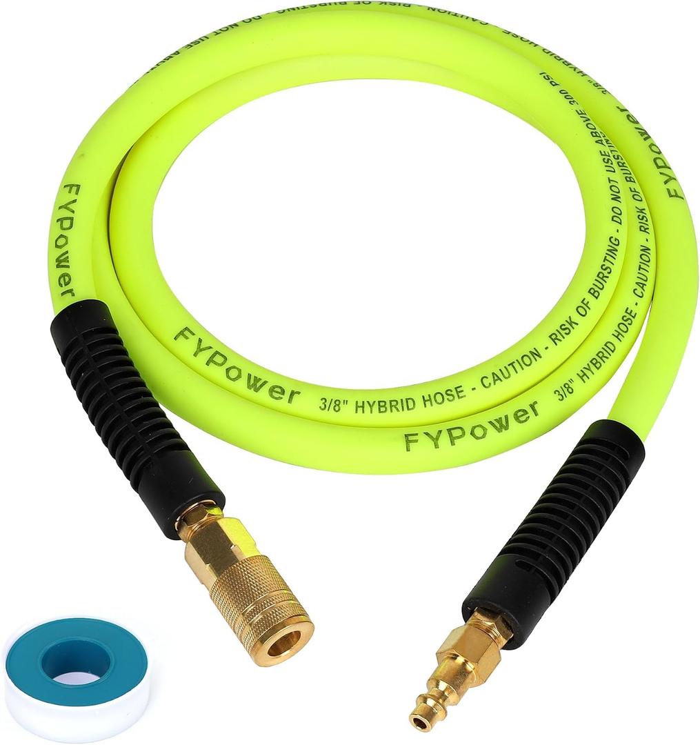 Air Compressor Whip Hose 3/8 Inch x 6 Feet Lead in Hybrid Hose with Fittings, Flexible and Kink Resistant, 1/4" Industrial Quick Coupler and Plug Kit - Green