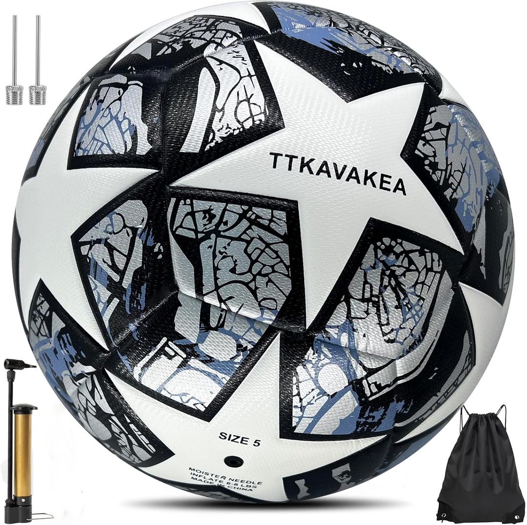 Soccer Ball Size 5,Waterproof PU Leather,Official Match Ball (White Grey)