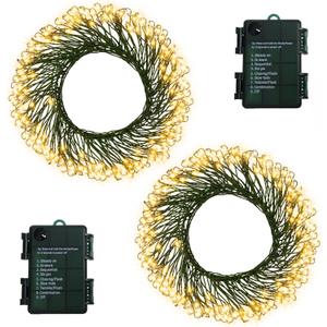 2 Pack Cluster Fairy Lights Battery, Total 20Ft 400 LED Christmas Lights with Timer 8 Modes, Dark Green Copper Wire Firecracker String Light for Xmas Tree Garland Decor (Warm White)