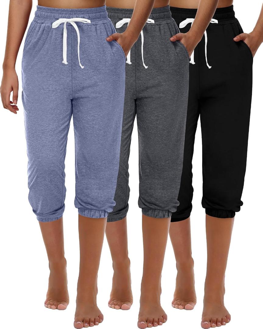 Ficerd 3 Pcs Women's Capri Sweatpants Joggers Summer Casual Sports Cropped Lounge Pants High Waisted Athletic with Pockets (X-Large, Black, Dark Grey, Light Blue)
