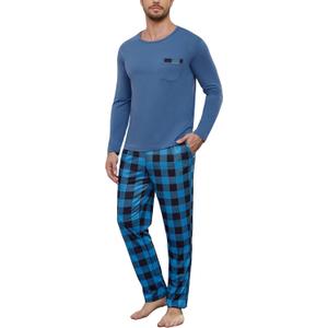 Sykooria Men's Cotton Pajamas Set Long Sleeve Plaid Loungewear Cozy Striped Sleepwear 2 Piece Comfy Pjs Set with Pockets, L