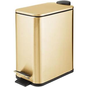 mDesign 1.3 Gallon Rectangular Slim Metal Trash Can w/ Foot Pedal, Easy-Close Lid, Narrow Wastebasket, Garbage Container Bin - Bathroom, Bedroom, Kitchen, Home Office, Removable Liner- Soft Brass