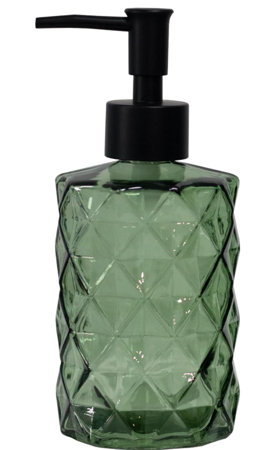 Green Glass Soap Dispenser with Black Plastic Pump, 12oz Refillable Liquid Hand Soap Dispenser, 1Pack Crystal Lotion Bottle for Modern Home Decor, Bathroom, Kitchen Countertop, Hotel