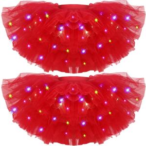 Crowye LED Tutu Skirt Light up Tutus 5 Layered Neon Tulle Skirt for Women 80's Party Valentine's Day New Year Glitter Costume (Red) 2 Pack 