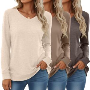 3 Pack Women's Long Sleeve Sweatshirts Cotton V Neck Pullover Shirts Casual Loose Fit Soft Basic Tunic Tops (Dark Brown, Coffee, Apricot)