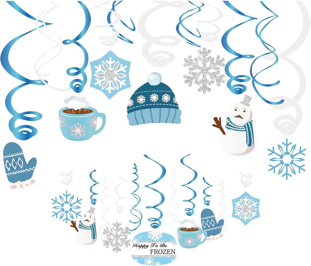 2 x Christmas Snowman,Snowflake,Winter,Snow Hanging Swirl Decorations for Festival,Party,Together,Celling,Classroom,Home,Office,Bedroom(30Ct)