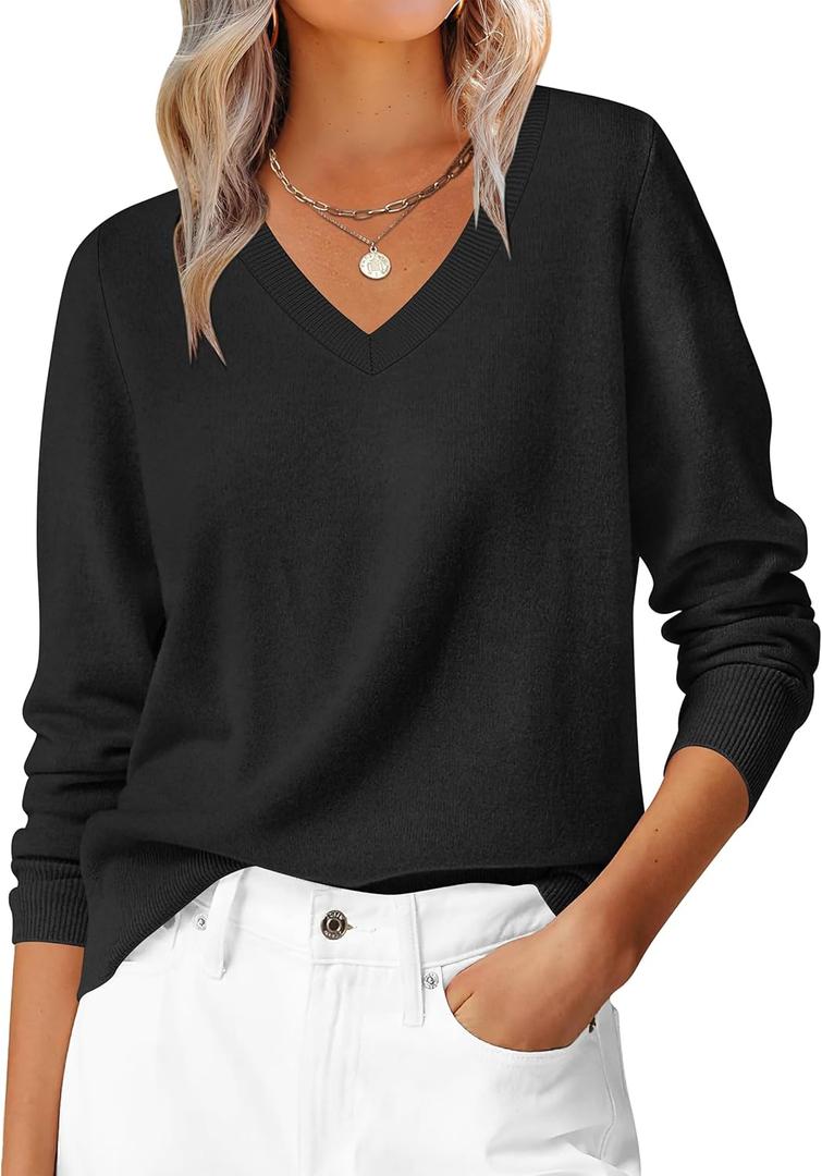ANRABESS Womens Long Sleeve V Neck Sweaters 2025 Fall Casual Classic Soft Loose Fit Basic Pullover Jumper Top (L, Black)