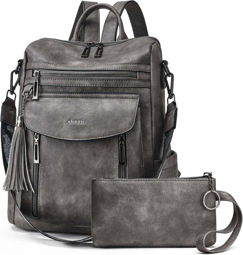 Shrrie Backpack Purse for Women Fashion Leather Backpack Purse Designer Travel Backpack Convertible Shoulder Bag with Wristlet