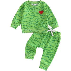 Baby Boy Christmas Outfits Heart Animal Green Long Sleeve Sweatshirt Pants Set Toddler Infant Christmas Clothes (3-4T)
