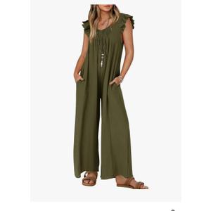 ZESICA Women's Summer Loose Jumpsuit Casual V Neck Sleeveless Oversized Wide Leg Pant Overalls Romper with Pockets, Large