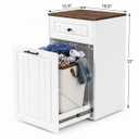 13 Gallon Pull Out Trash Can Cabinet with Storage Drawer, Wooden Kitchen Garbage Can Holder, Freestanding Modern Farmhouse Waste Bin Furniture, White Finish